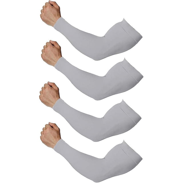 mangas para cubrir los brazos, mangas para brazos 4 pares gris; cuatro mangas elásticas mostradas en vista frontal centrada, silueta ajustada con tejido liso y acabado mate, banda elástica antideslizante visible en el extremo superior, puños definidos y textura transpirable de secado rápido; fondo blanco. Adecuadas para protección solar UPF 50 y aptas como mangas de compresión para actividades al aire libre.