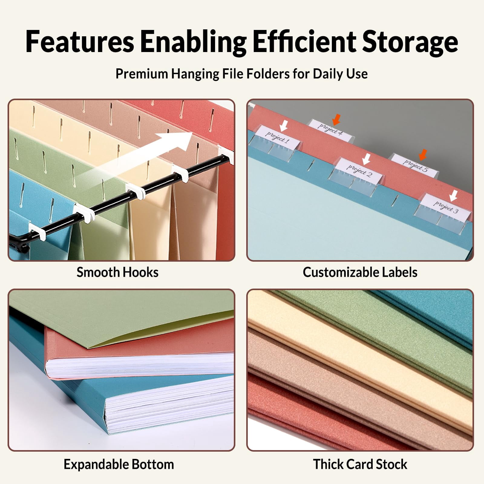 Hanging File Folders  50 Pack Letter Size With 1/5-cut Tabs Stay Organized For Your Home And Office Bulk Documents Paper 5 Retro Colors