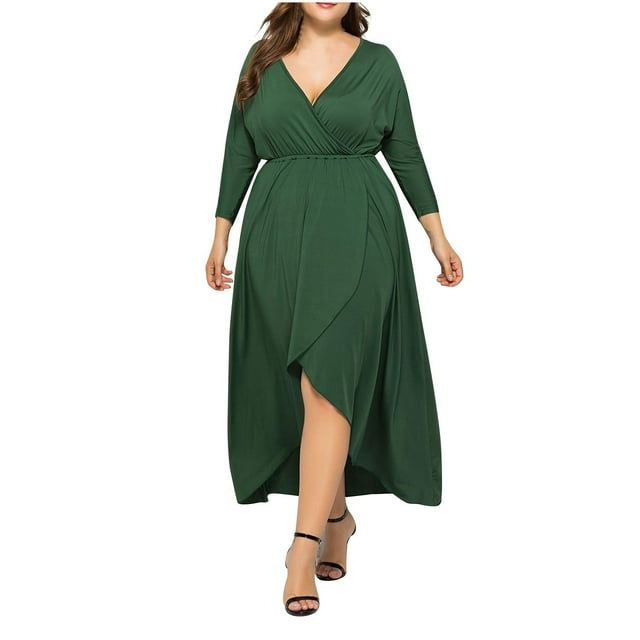 Weiqiqre Robes de Printemps pour Femmes Grande Taille Invitée de Mariage Robe Maxi Manches Longues Portefeuille Col en V Fente Haute-Basse à Volants Robe de Cocktail, Taille 4TG