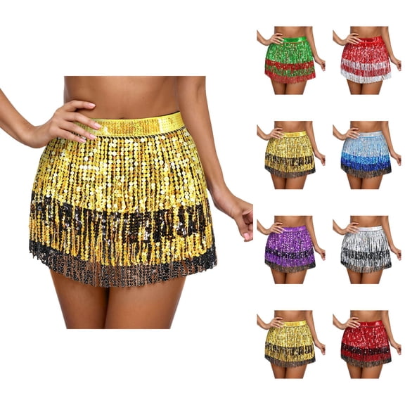 Belly Dance Skirt for Women Sparkly Sequin Fringe Skirt Glitter Rave Sequin Tassel Skirts Hip Scarf Mini Skirts