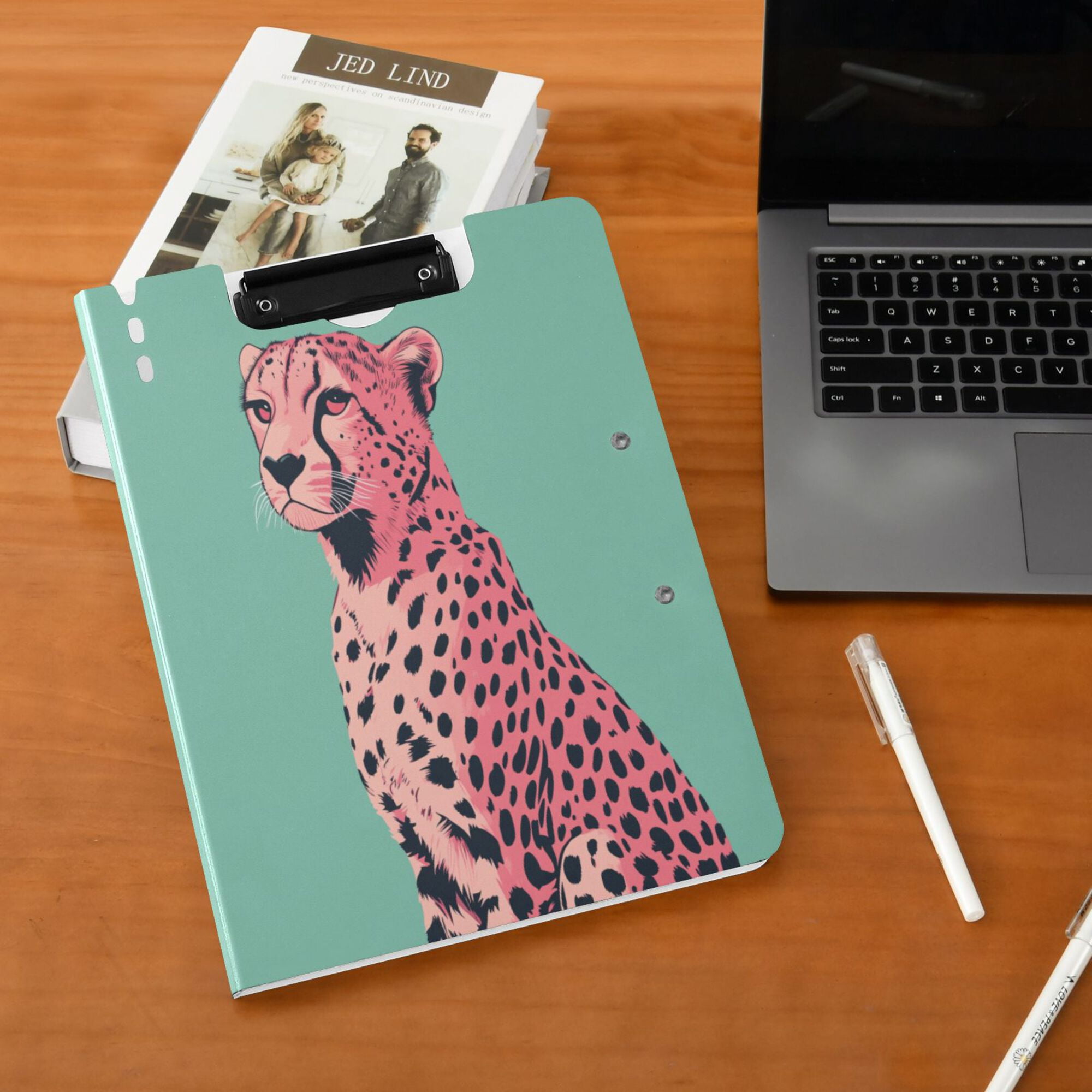 FORMRS A4 Clipboard Folder with Pen Holder Horizontal Foldable School Office Binder, Big Pink Cheetah