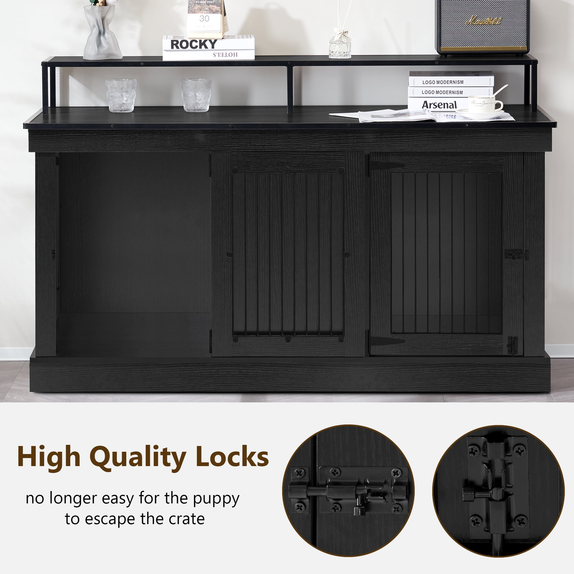 MCombo 52.7‘’ 2-Door Wooden Dog Crate Furniture TV Stand 1861 (Black)
