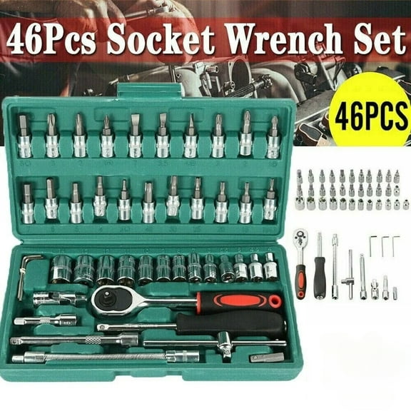 46PCS 1/4" Drive Ratchet & Socket Set - CR-V Steel 72-Tooth Quick Release, Metric & SAE (4-14mm) with 21 Bit Sockets & Extensions, Professional Tool Kit for Auto/DIY (Includes Case)