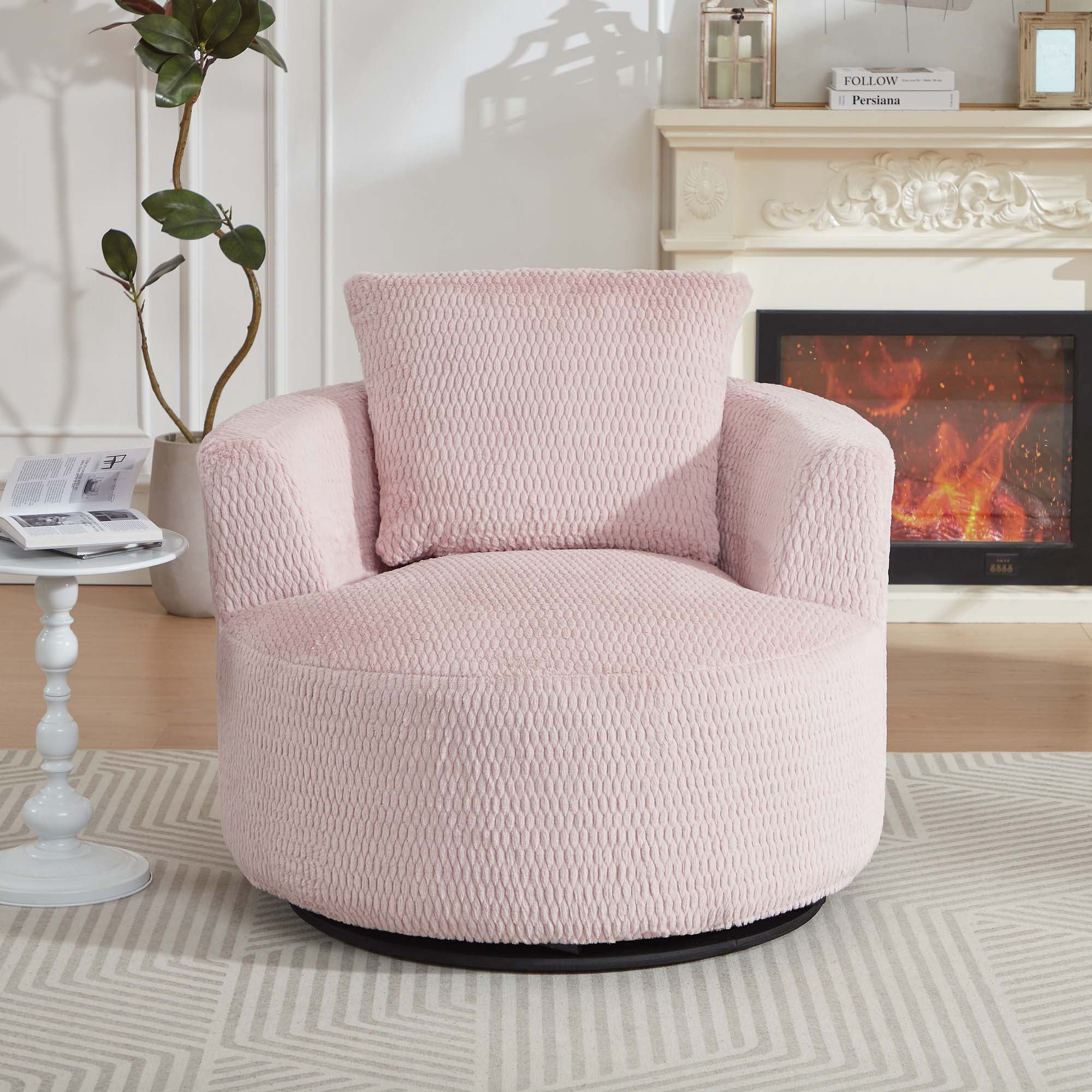 Miniyam 360° Swivel Chair for Living Room with Plush Pocket Spring Seat & Sturdy Wood Base - Easy Assembly, Pink