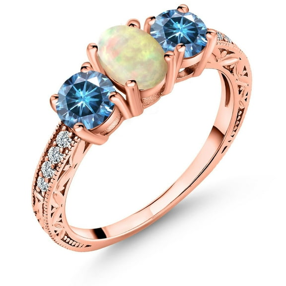 Gem Stone King 18K Rose Gold Plated Silver 3-Stone Ring Oval/Cabochon White Ethiopian Opal and Vivid Persian Blue Moissanite (1.63 Cttw, Size 9)