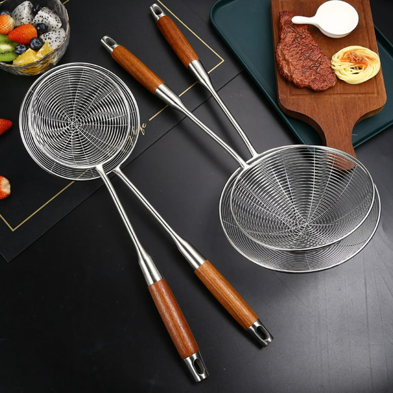 Spider Strainer, Slotted Spoon, 7.1 inch Skimmer Spoon with Wood Handle,  Stainless Steel Frying Spatula Large Strainer Ladle Metal Strainer Skimmer