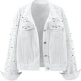 thumbnail image 2 of Women'S Pearl Denim Jacket Cropped Rhinestones Jean Jacket Coat White M, 2 of 5