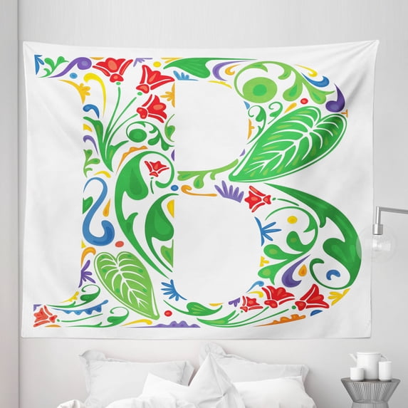 Letter B Tapestry, Capital with Spring Herbs Flowers Petals Leaves Nature Harvest Swirls Vivid Image, Fabric Wall Hanging Decor for Bedroom Living Room Dorm, 5 Sizes, Multicolor, by Ambesonne