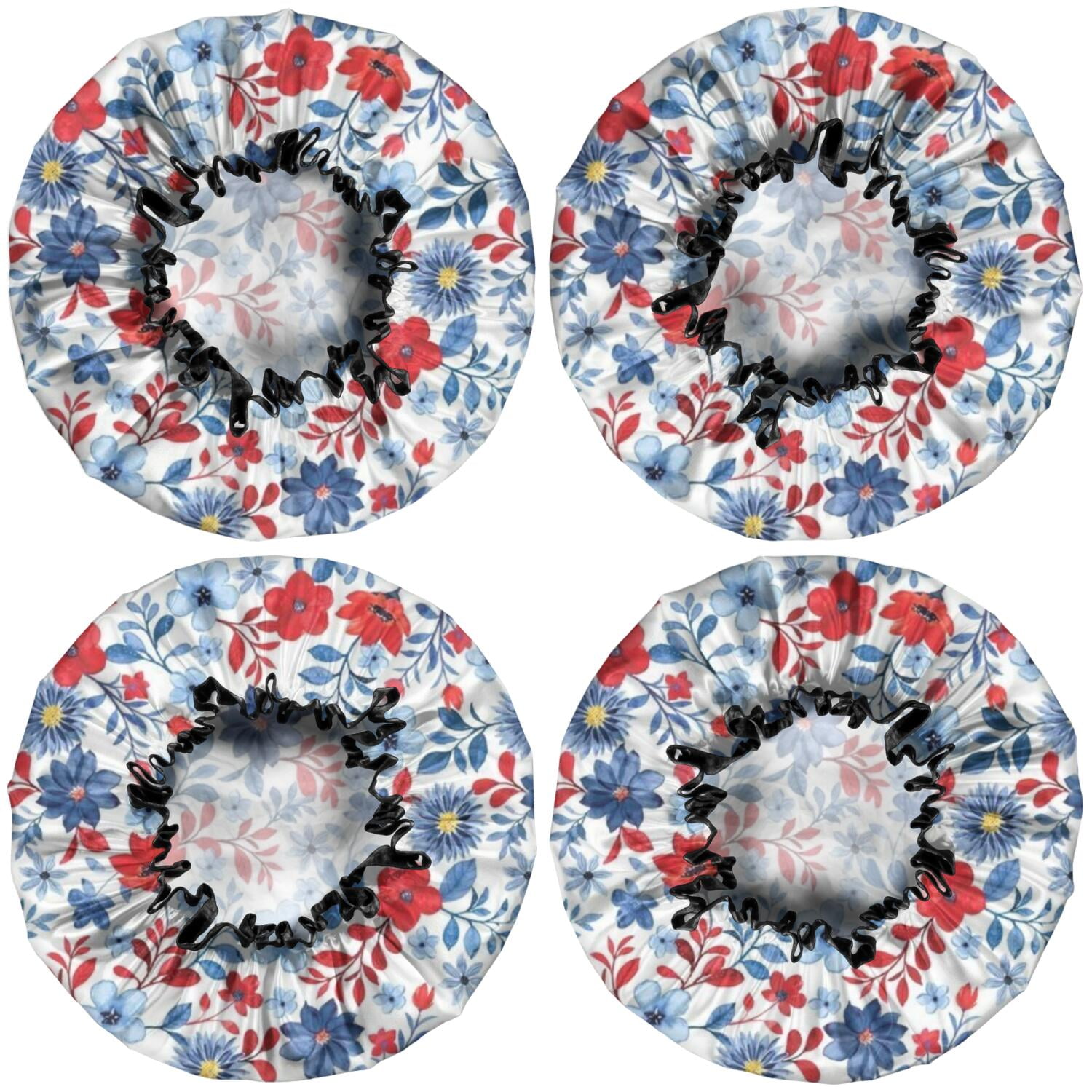 Shower Caps,Pioneer Flower Floral Print Pattern Waterproof Shower Cap for Women 4 Pieces,Double Reusable Hair Cover for Shower PEVA Elastic Stretch Hem