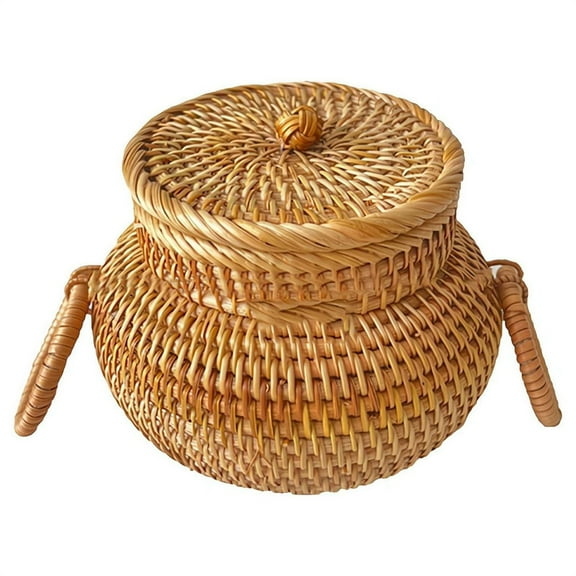 Triani Round Rattan Boxes with Lid Hand Woven Storage Box Multi-Purpose Wicker Tray Sundry Basket Woven Desktop Basket for Shelf Table Office Decor
