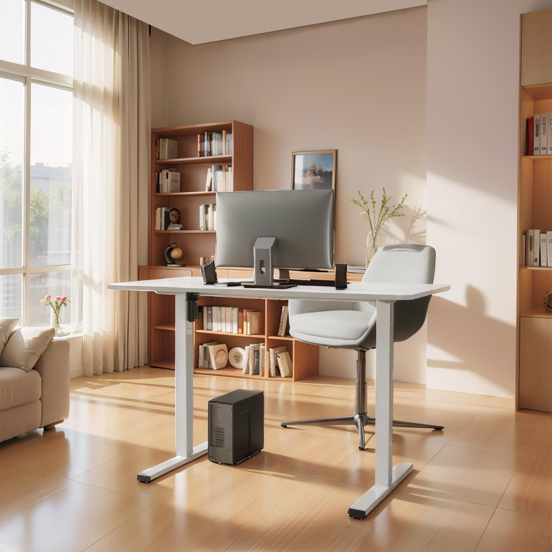 Lisonu Electric Standing Desk, Height Adjustable Sit Stand Workstation with Whole-Piece Desktop for Home Office, White Frame with White Top