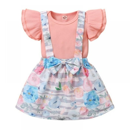 

Baby Girl Floral Print Clothing Short Sleeve Romper Strap Skirts Sets