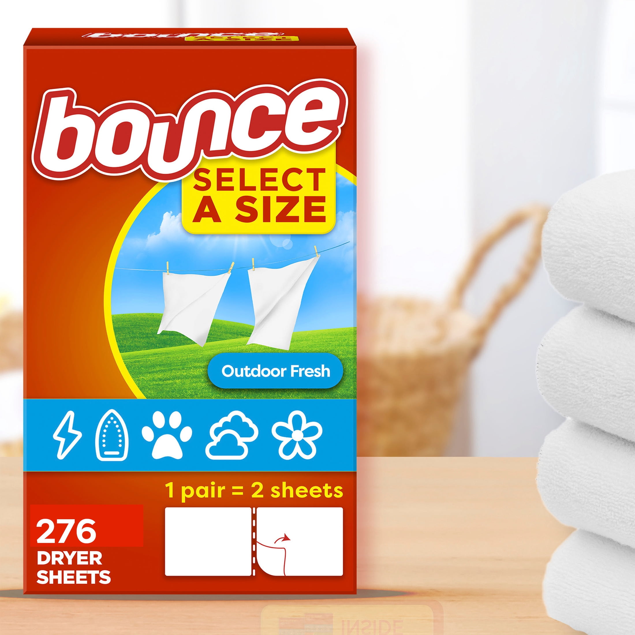 Bounce Select-A-Size Fabric Softener Dryer Sheets, Outdoor Fresh Scent, 276 Count