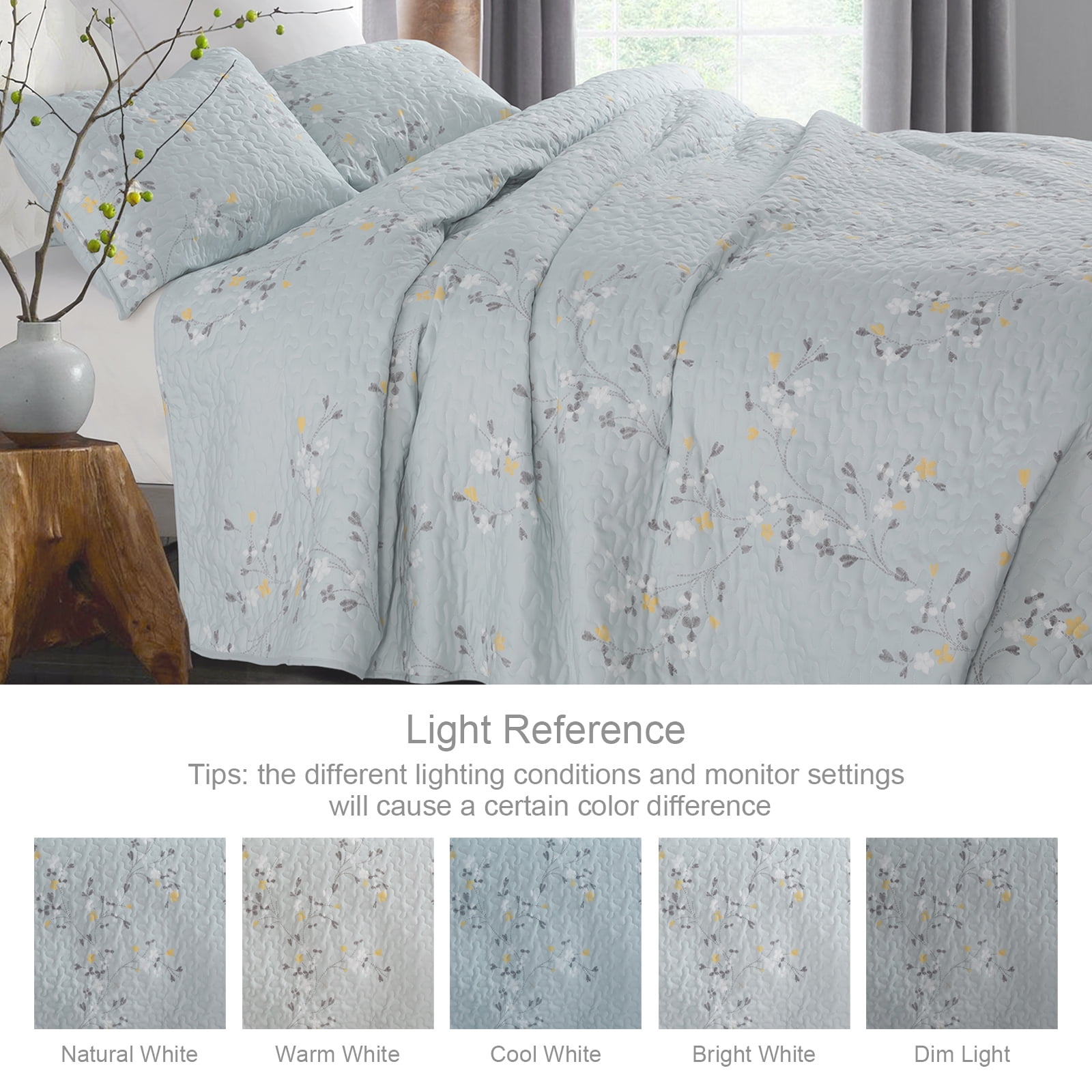 Exclusivo Mezcla Microfiber Queen Size Quilt Set, 3 Pieces Lightweight Bedspreads/ Coverlet/ Bedding Set with 2 Pillow Shams, Floral Pattern (96"x 92", Light Blue)