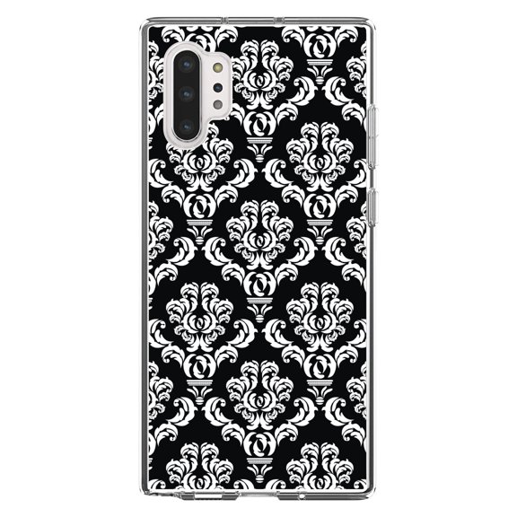 DistinctInk Clear Shockproof Hybrid Case for Galaxy Note 10 PLUS (6.8" Screen) - TPU Bumper, Acrylic Back, Tempered Glass Screen Protector - Black White Damask Pattern - Floral Damask Pattern