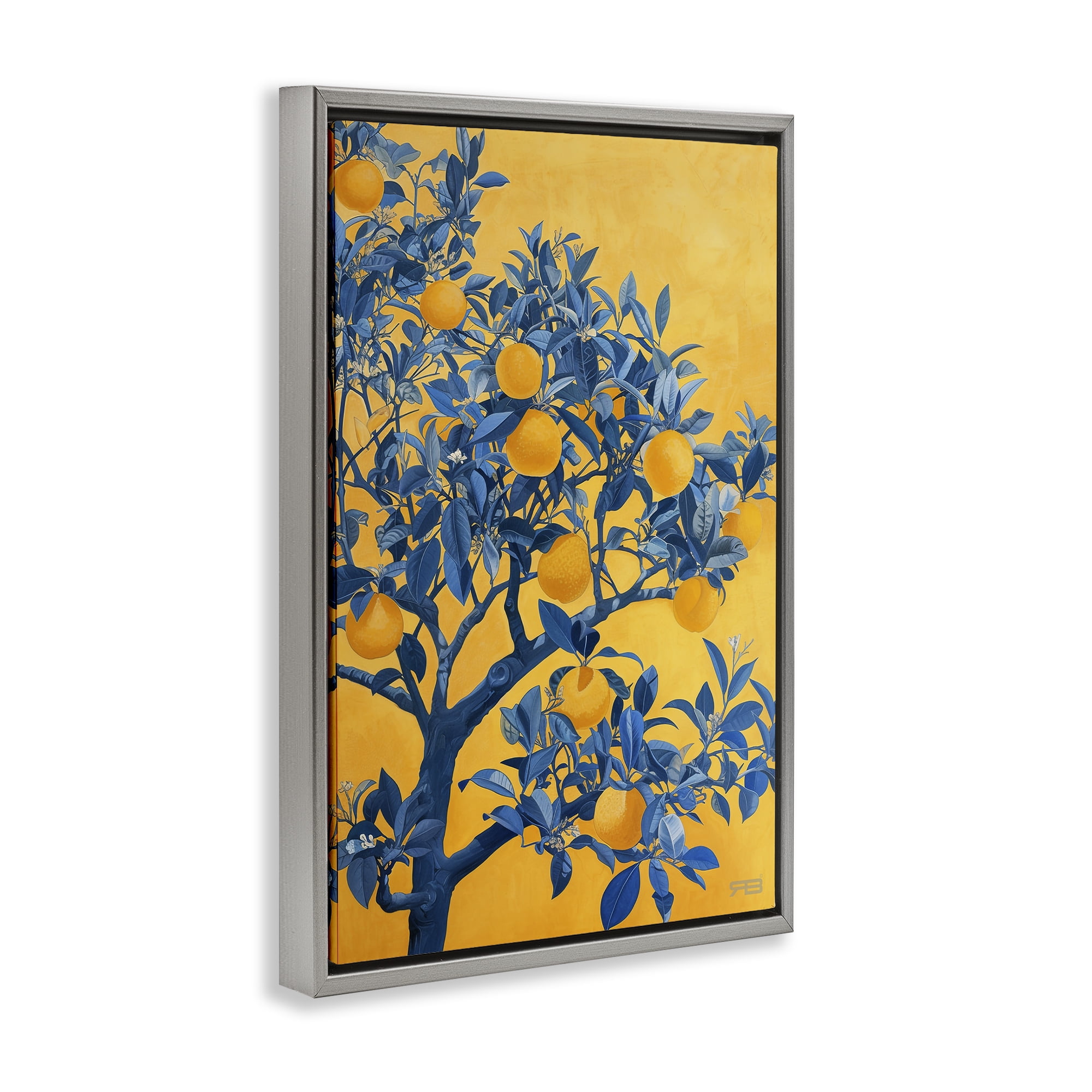 Stupell Industries Lemon Tree on Orange Food & Beverage Painting Gray Floater Framed Canvas Art Print Wall Art, 21 x 31