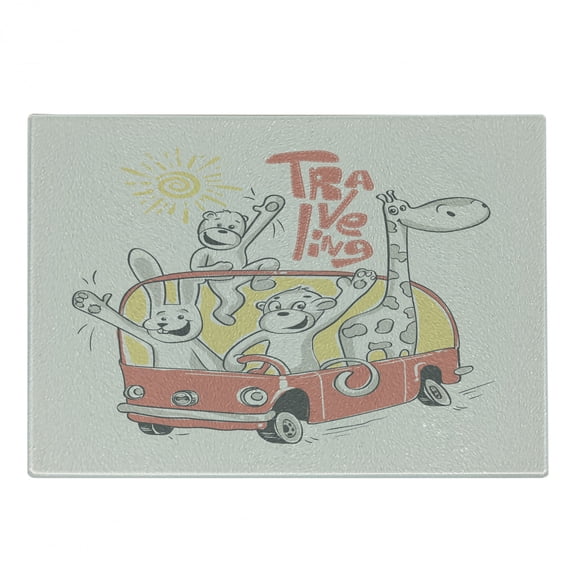 Adventure Cartoon Cutting Board, Road Trip Concept Rabbit Monkey Giraffe and Bear Travelling, Decorative Tempered Glass Cutting and Serving Board, Small Size, Pale Orange and Salmon, by Ambesonne