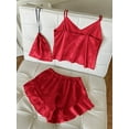 thumbnail image 2 of Women Satin Two-Piece Pajama Set Cami Top & Rufle Hem Shorts PJ Set Red L, 2 of 8