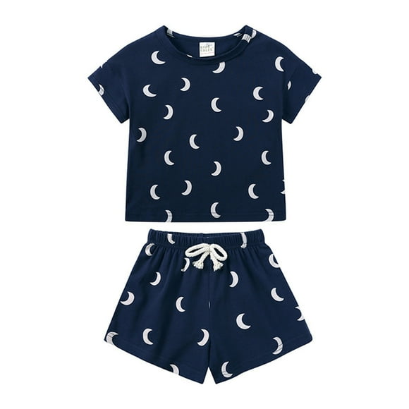 Luvoko Toddler Boys Sports Set, Moon Print Tshirt Boy Kid Pj Shorts Matching Outfits For Siblings (Dark Blue,12-24 Months)
