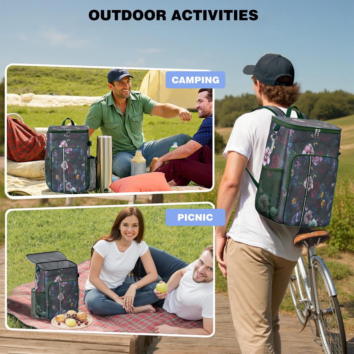 Travel Cooler Bag - Pioneer Flower Floral Print Pattern Camping Beer Cooler Backpack with Bottle Opener- Waterproof Insulated Picnic Backpacks - Cooler Bag for Beach
