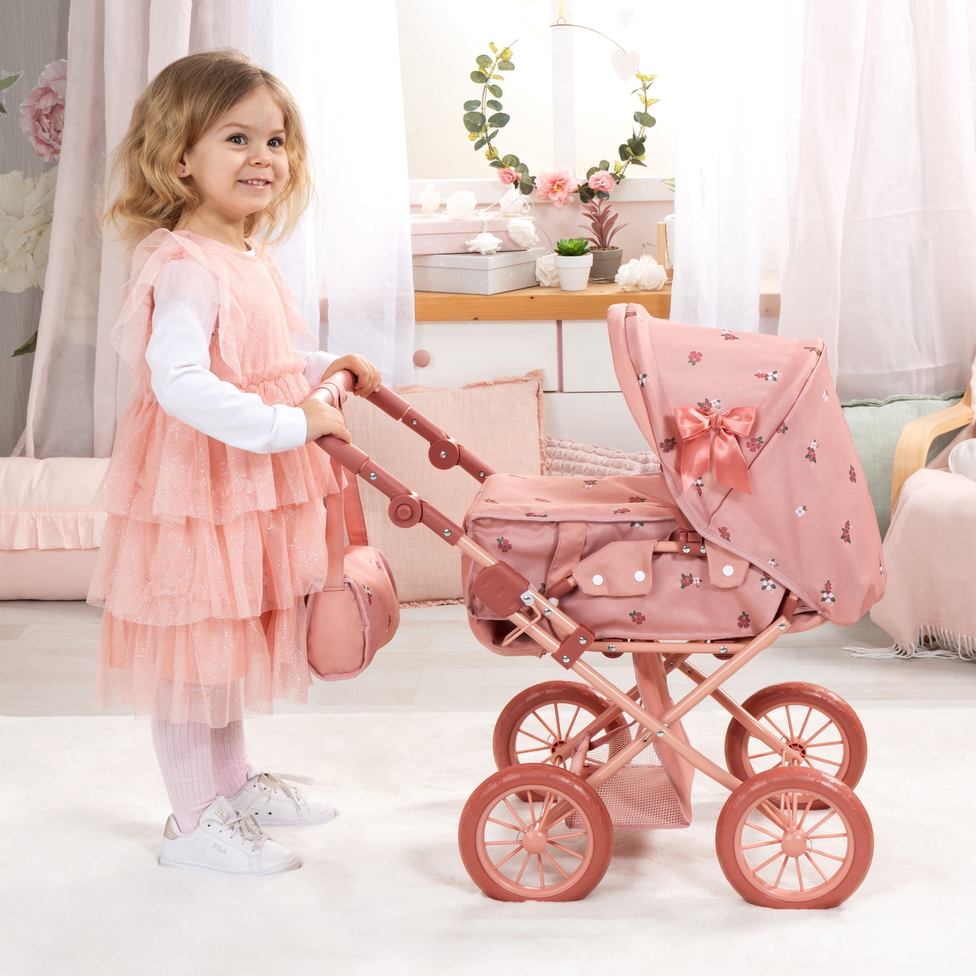 Bayer Design: Doll Pram City Star - Pink & Flowers - 2-In-1 Adjustable Pushchair & Stroller, Removable Carrycot, Handbag, Toy Fits 18" Dolls, Kids 3+