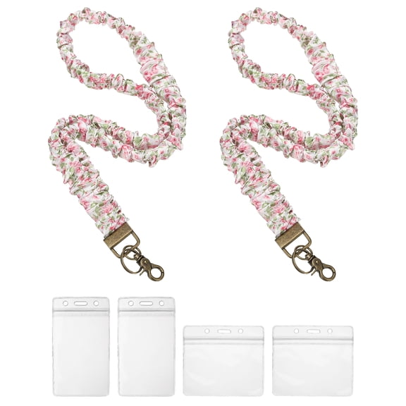 2 Pack Scrunchie Teacher Lanyards with 4 Card Holder, Pink Flower