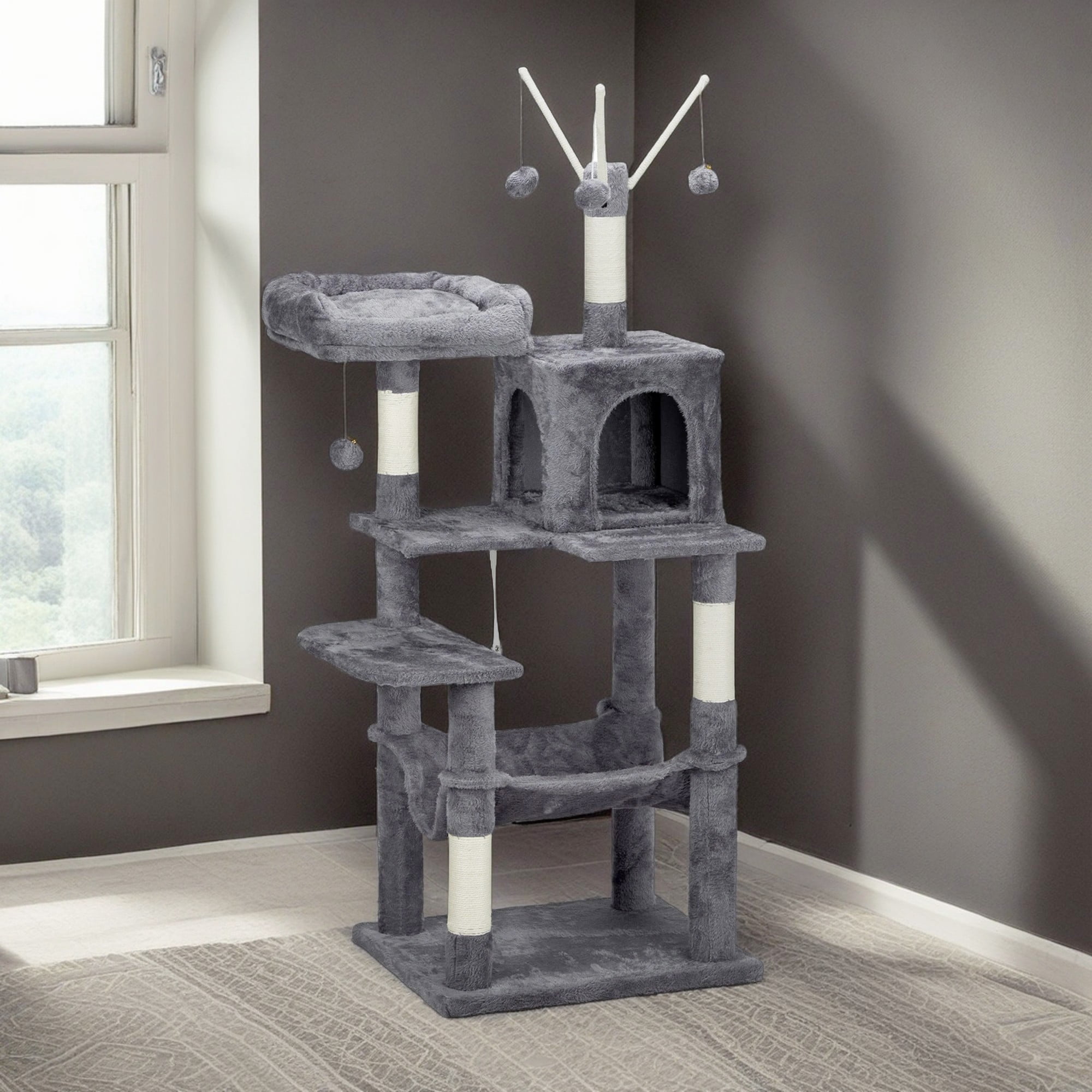resenkos 58" Large Cat Tree Tower, Cat Tree House for Indoor Cats with Padded Platform Bed, Toy Balls, Cozy Condo and Sisal Scratching Posts, Dark Gray