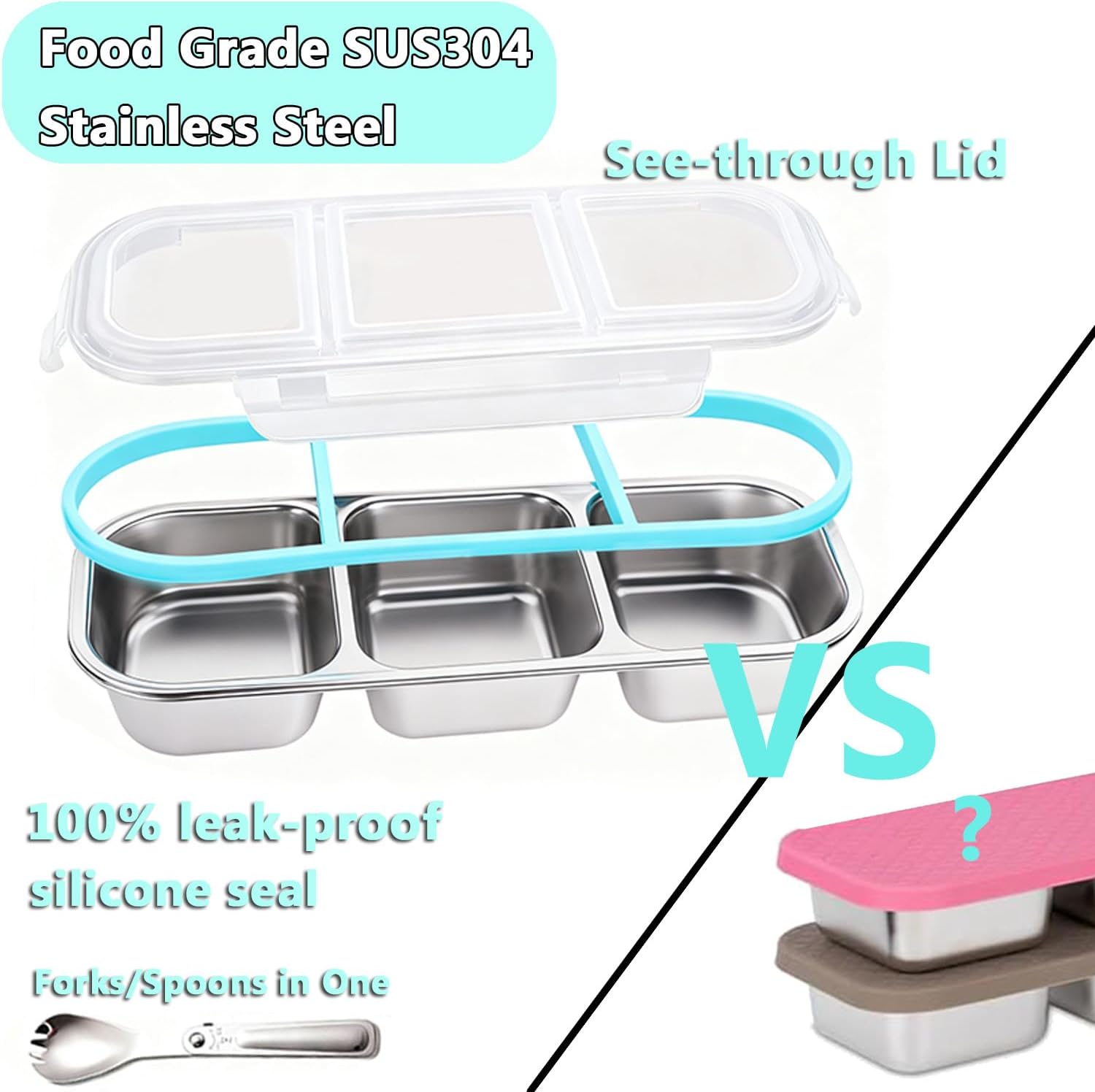4Pack Food Storage Containers with Airtight Lid, Stainless Steel Snack Containers, Leak Proof Metal Lunchbox with Compartment and Spoon, Lunch Box Bento Box for Home ,Office, Travel, Meal Prep, Blue