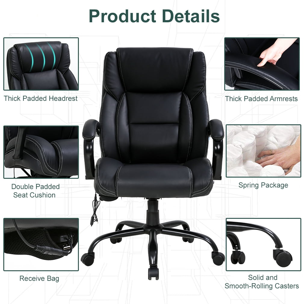 Managerial PU Leather Office Chair 500lbs Massage Computer Chair Ergonomic Wide Seat Desk Chair Heavy Duty Metal Base Swivel Rolling Chair with Lumbar Support and Thicken Armrest
