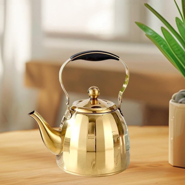 Tetera de acero inoxidable con colador, calentamiento rápido, resistente al calor, para restaurante, hotel, hervidor de agua hirviendo, asa plegable 15 l de oro