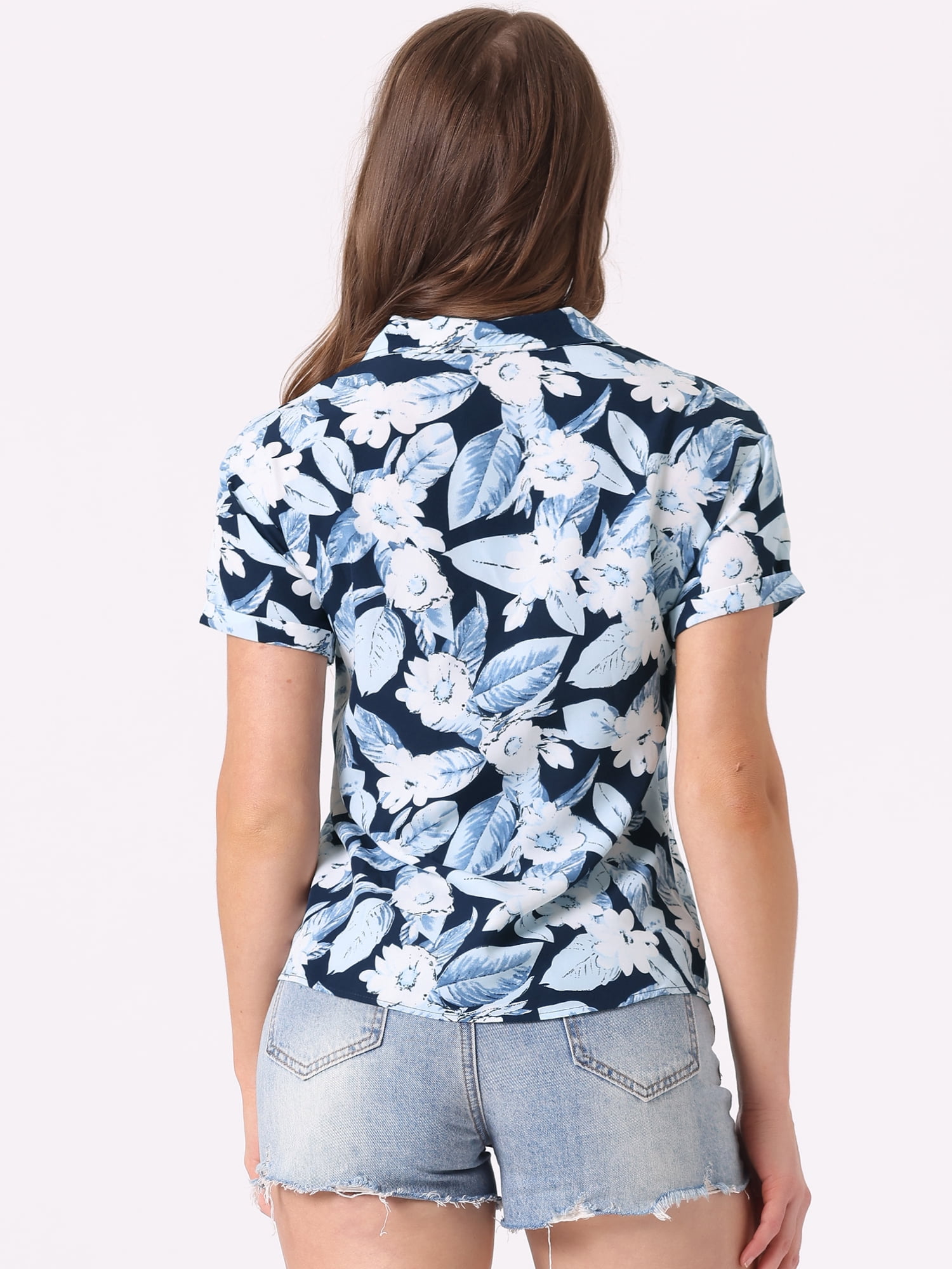 DARING DIVA Floral Leaves Print Short Sleeve Beach Top M Deep Blue