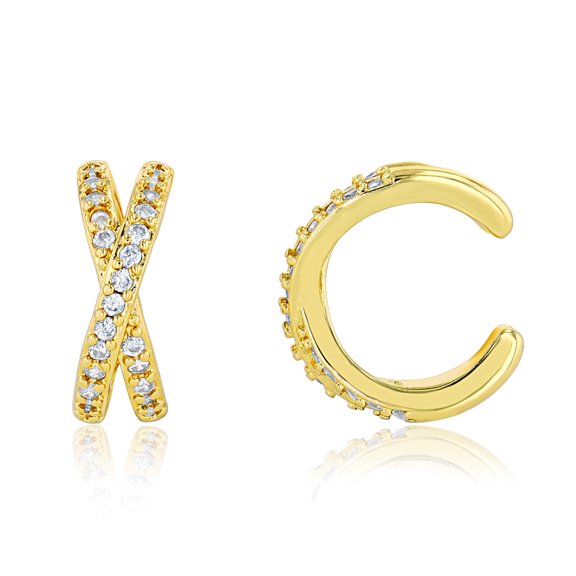 18K Gold Plated Cubic Zirconia Huggie Ear Cuff Cartilage Earrings| Non Pierced Adjustable Hypoallergenic