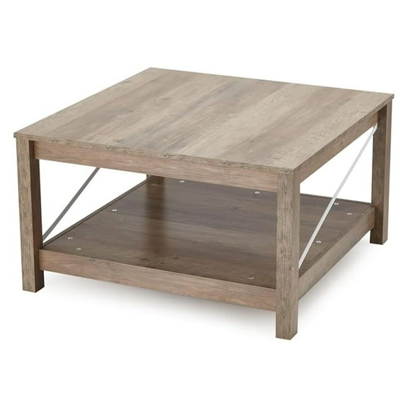 31.5 Inch Square Coffee Table with Bottom Storage Shelf, Modern Farmhouse Style Living Room Office Accent Table Furniture, Beige