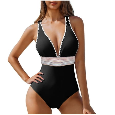Oplxuo One Piece Swimsuit Women Tummy Control Bathing Suits Slimming Modest Color Block Swim Suits Deep V Neck Swimwear