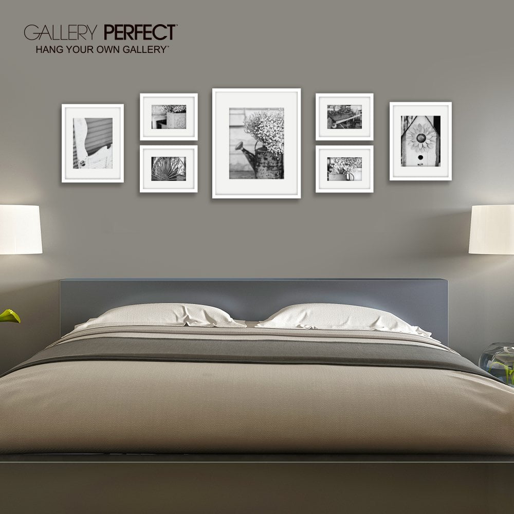 Gallery Perfect 7 Piece White Photo Frame Wall Kit With Decorative Art Prints Hanging Template