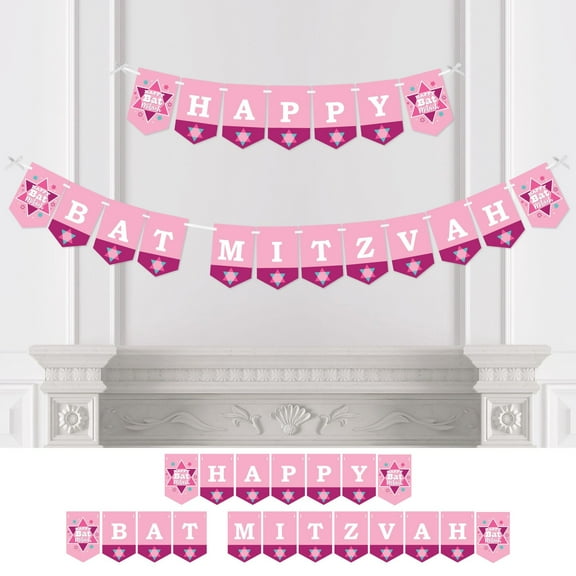 Big Dot of Happiness Pink Bat Mitzvah - Girl Party Bunting Banner - Party Decorations - Happy Bat Mitzvah