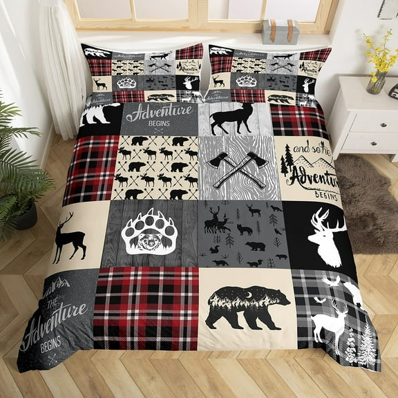 Hunting Bear Twin Bedding Set, Rustic Deer Elk Comforter Cover Country Camper Lodge Duvet Cover Teens Adult Bedroom Decor, Geometric Patchwork Retro Cabin Quilt Cover, Black Gray Red