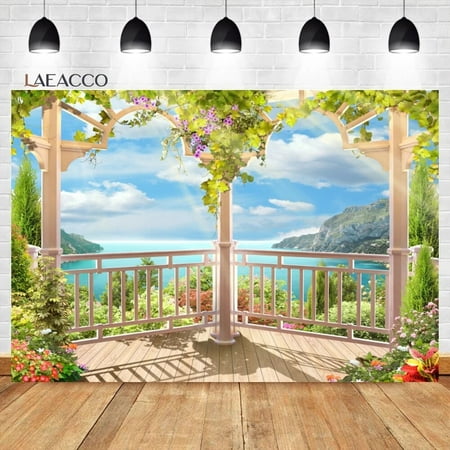 Image of Laeacco Summer Seaside Tropical Beach Balcony View Backdrop Palm Trees Mountain Wedding Party Portrait Photography Background