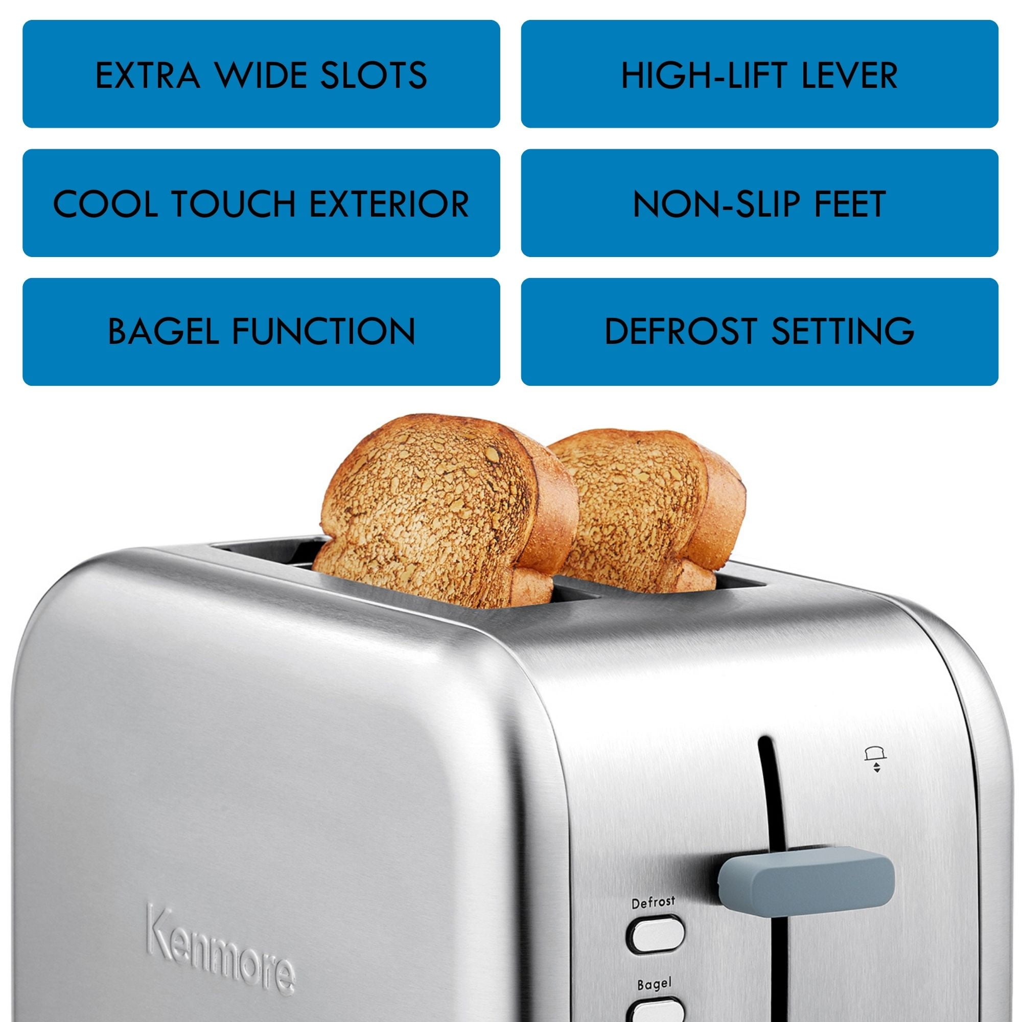 Kenmore 2-Slice Toaster Stainless Steel Wide Slot Bagel & Defrost Functions High-Lift Lever 9 Shade Settings