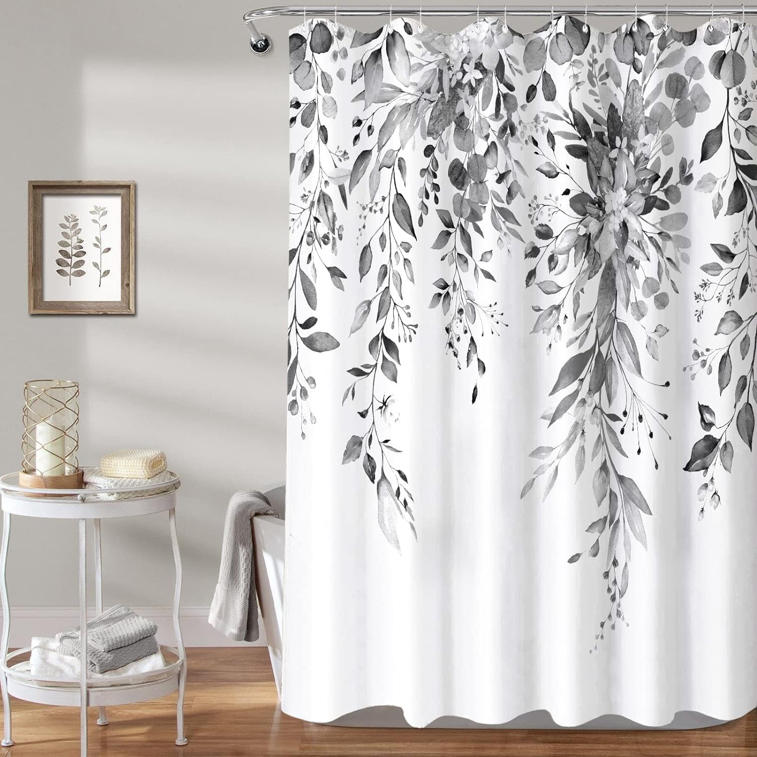Gray and White Eucalyptus Shower Curtain Watercolor Grey Floral Plant Leaf Shower Curtains for Bathroom Botanical Flower Waterproof Fabric Bath Curtain Decor with Hooks (Black, 72'''' x 72'''')