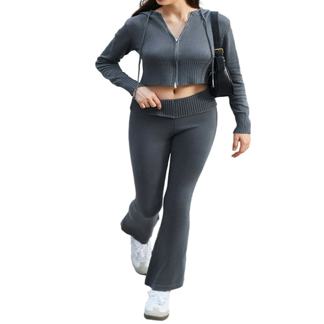 Ensemble Chandail à Capuchon Court et Pantalon Bootcut pour Femmes