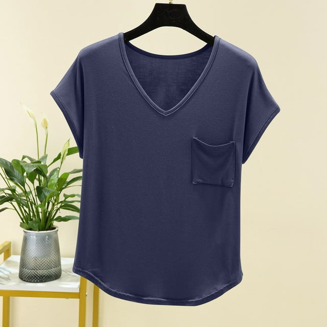 Fiudx Ofertas Flash Del Día Camiseta de Manga Corta con Cuello En V y Bolsillo En El Pecho para Mujer, Top/Camisa de Manga Corta con Cuello En V