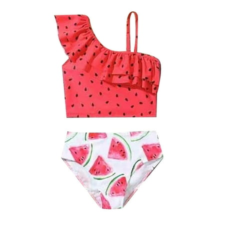 Toimothcn Girls Swimsuits One Shoulder Cute Sweet Watermelon Printed 2 Piece Bikini Set Quickly Dry Cover Up Swimwear 9-10 Years