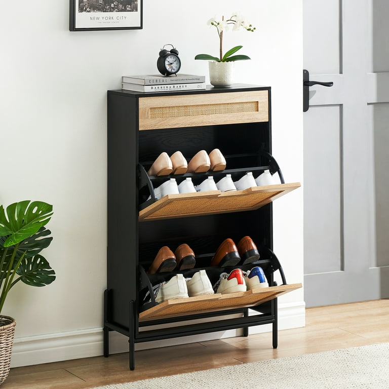 Tribesigns Shoe Cabinet, 2-Tier Shoe Storage Cabinet with Flip Doors,  Vintage Entryway Shoe Organizer Rack with Open Shelves for Narrow Closet