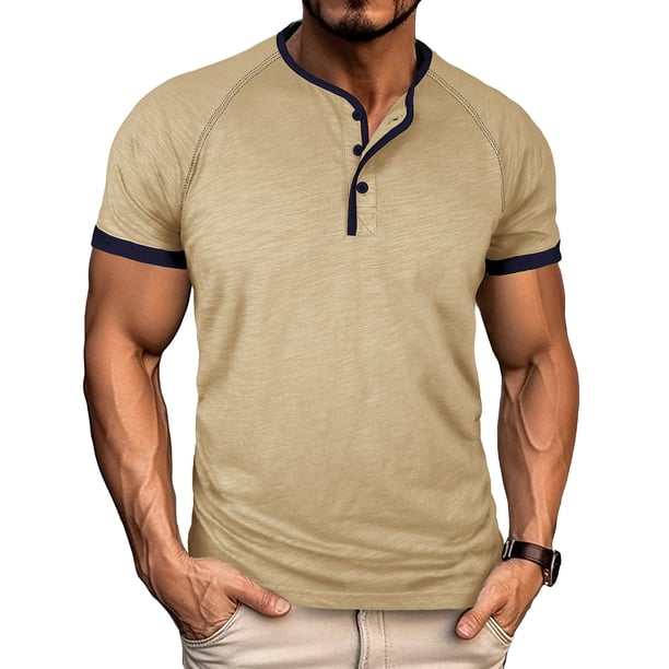 Tops para hombre, blusas y camisas de manga corta con cuello redondo para hombre, blusa informal de moda con botones y parches lisos, blusa de manga corta para hombre, blusa de poliéster para hombre