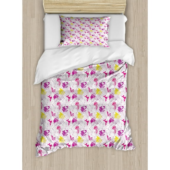 Tropical Duvet Cover Set Twin Size, Palm Leaves with Hibiscus Flowers Exotic Flora and Fauna Hawaii Sketch Design, Decorative 2 Piece Bedding Set with 1 Pillow Sham, Multicolor, by Ambesonne