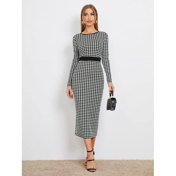 Split Back Houndstooth Bodycon Dress