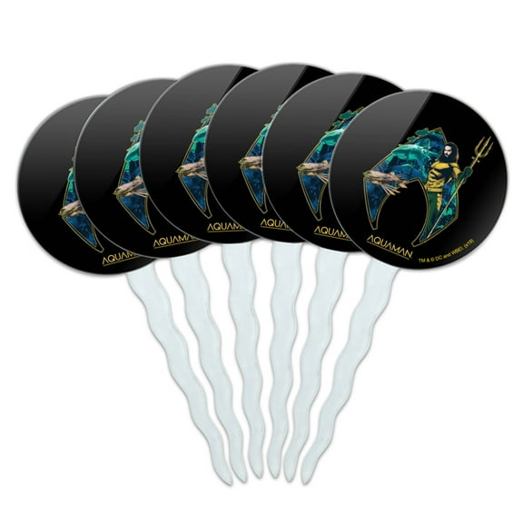 Aquaman Movie Atlantis Logo Cupcake Picks Toppers Decoration Set of 6