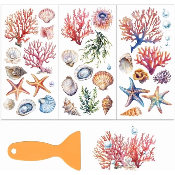 3pcs/Set Ocean Rub on Transfers for Furniture and Crafts 6x12 Inch Coral Shell Furniture Decals Transfer Stickers Starfish Rub on Decal Home Decoration for diy making