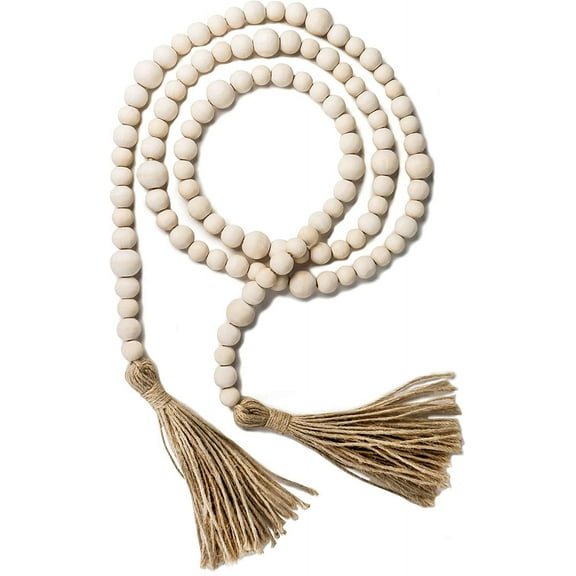 Wood Bead Garland with Tassels, 72 Inch Natural Wooden Beads Garland, 6 Feet Handmade Boho Farmhouse Decor, Coffee Table Decor